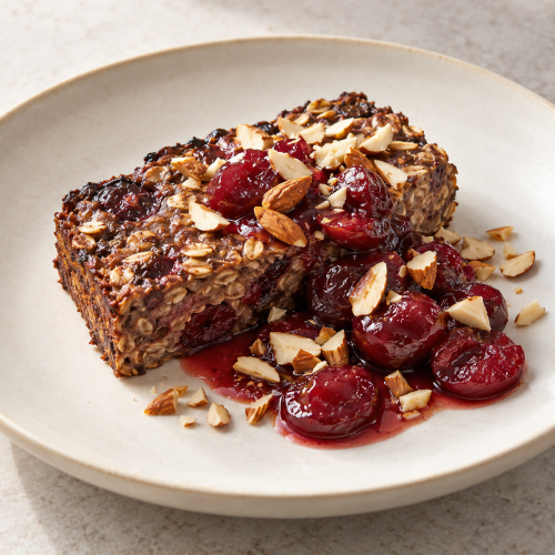 Cherry–Cocoa Oat Terrine, Cherry Compote and Almond - Fresh Start 30: A Journey To Better Health Cherry–Cocoa Oat Slice, Cherry Compote and Almond
